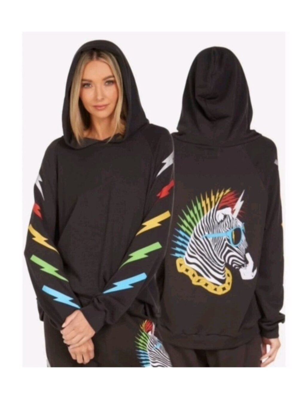 Lauren Moshi Women Sz (XS) Hoodie Black Zebra Lightning Animal Graphic McKinley